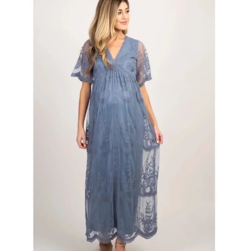 NEW*PinkBlush Lace overlay‎ maxi dress Blue